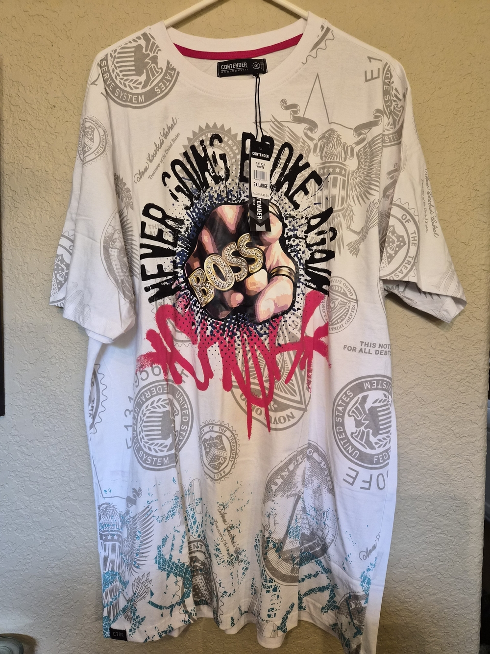 Contender "Boss" Graphic Tee in White with Red & Teal Accents